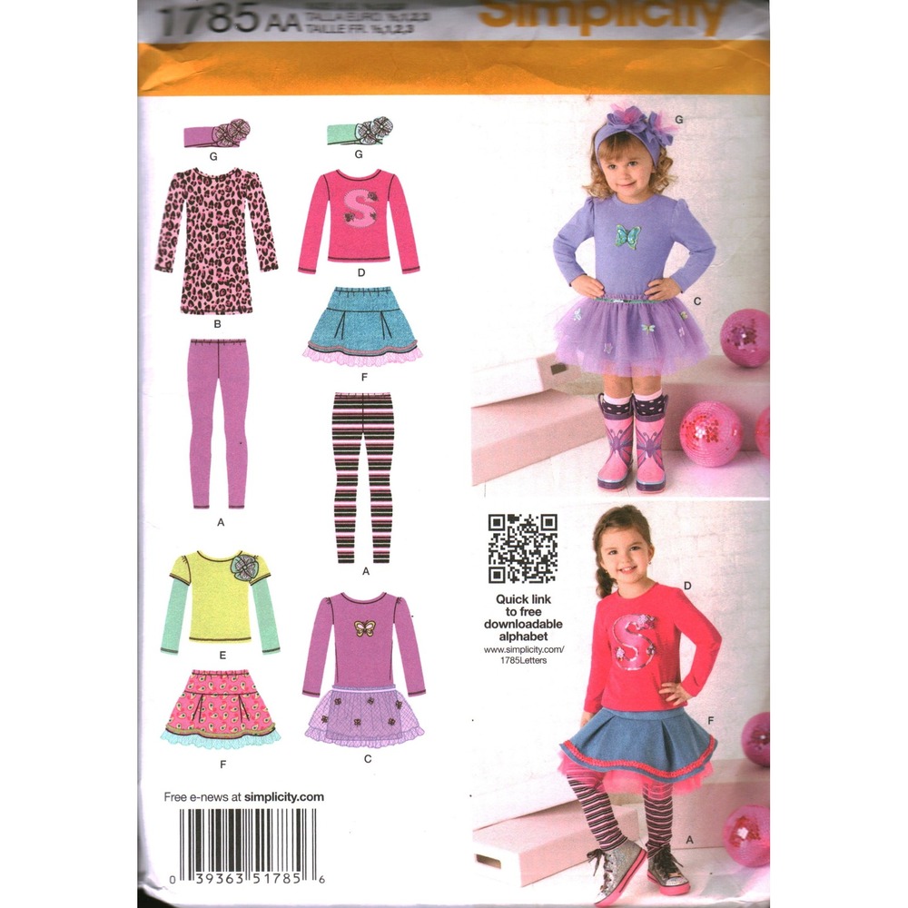 Simplicity 1785 Toddlers Kid Skirt Knit Dress Top Legging Headband Pattern 1/2-3
